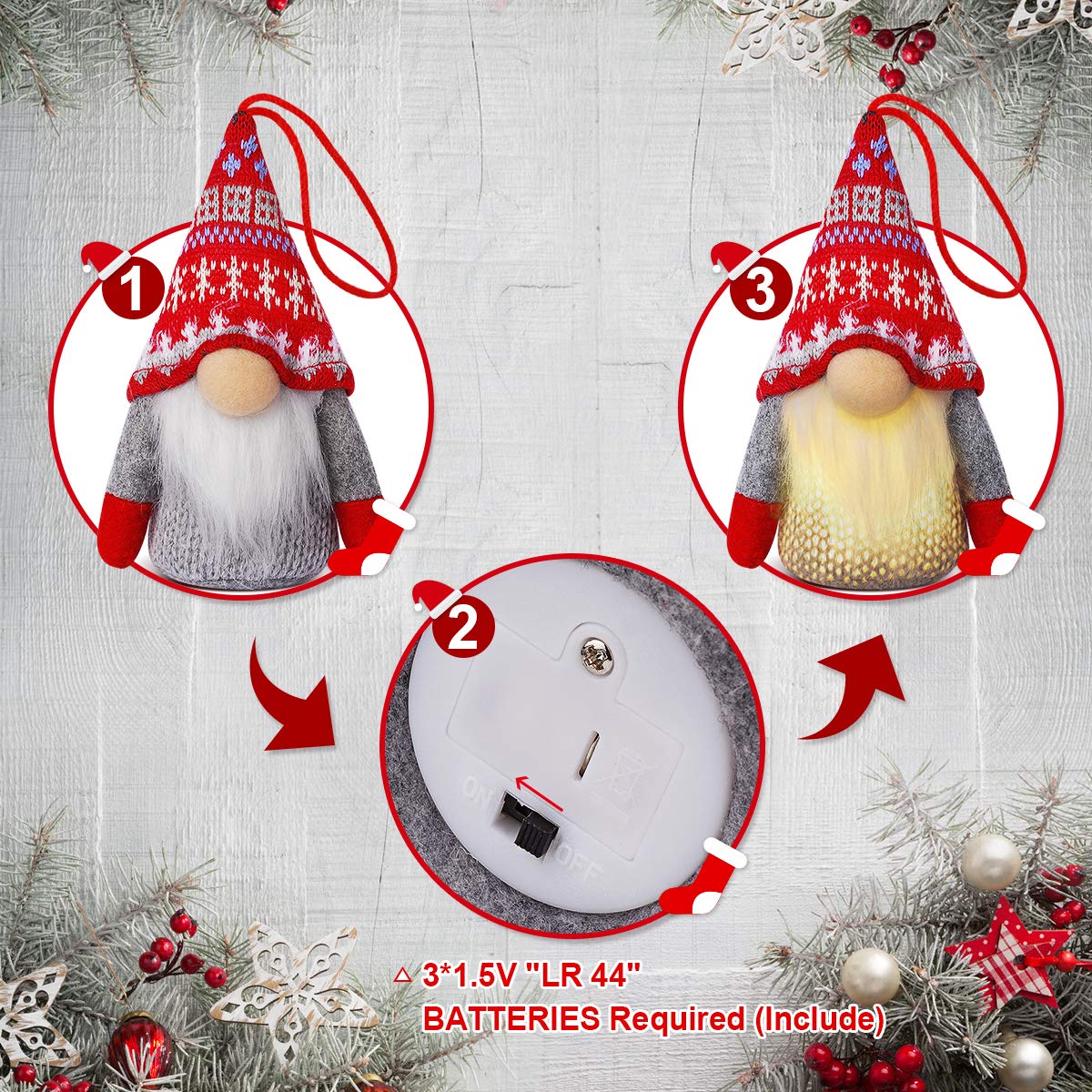 Christmas Gnome Ornaments, 4 Pack Christmas Tree Decorations Handmade Swedish Santa Gnomes Ornaments Lights Scandinavian Plush Elf Table Home Decor, Christmas Tree Hanging Decoration