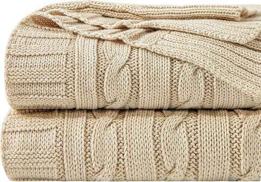 NTBAY 100% Pure Cotton Cable Knit Throw Blanket, Super Soft Warm 51x67 Knitted Throw Blanket for Couch, Sofa, Chair, Bed - Extra Cozy, Machine Washable, Comfortable Home Decor, Khaki