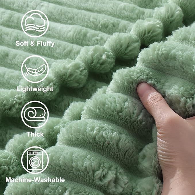 decorUhome Soft Fleece Sage Green Throw Blanket for Couch, Cozy Fluffy Plush Flannel Striped Blanket for Sofa Bed, Lightweight Decorative Ribbed Fuzzy Blanket for Woman, 50x60 Inches