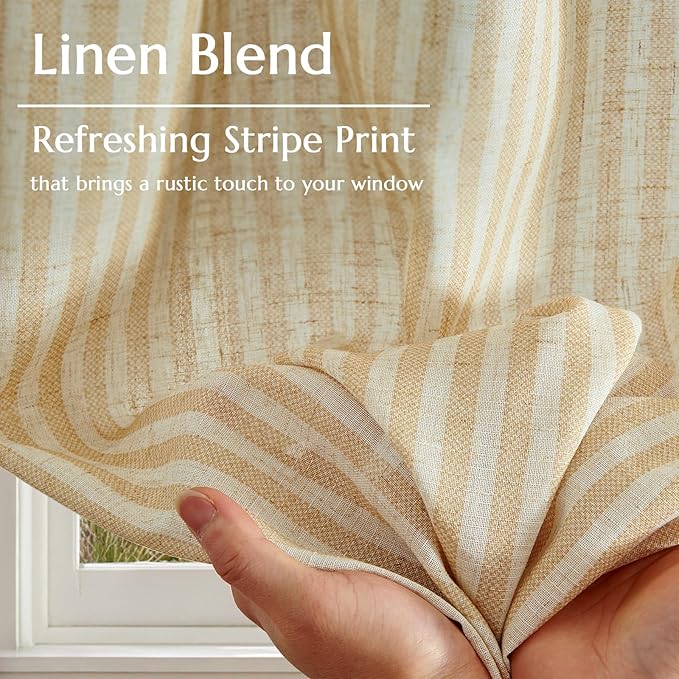 jinchan Striped Linen Kitchen Curtains 24 Inches Length Tier Curtains Farmhouse Modern Cafe Style Small Window Treatments Airy Light Filtering Rod Pocket for Living Room Bathroom 2 Panels Beige