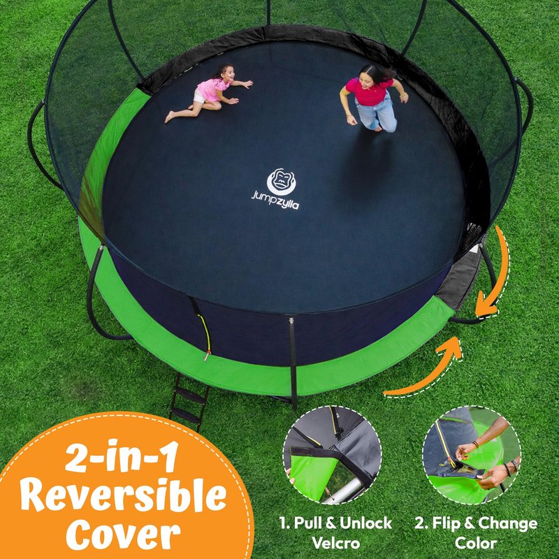 JUMPZYLLA Trampoline Outdoor 8FT 10FT 12FT 14FT 15FT 16FT with Enclosure and Ladder, ASTM Approved Recreational Trampoline for Kids and Adults, Anti-Rust Coated Frame (Green, 16FT)
