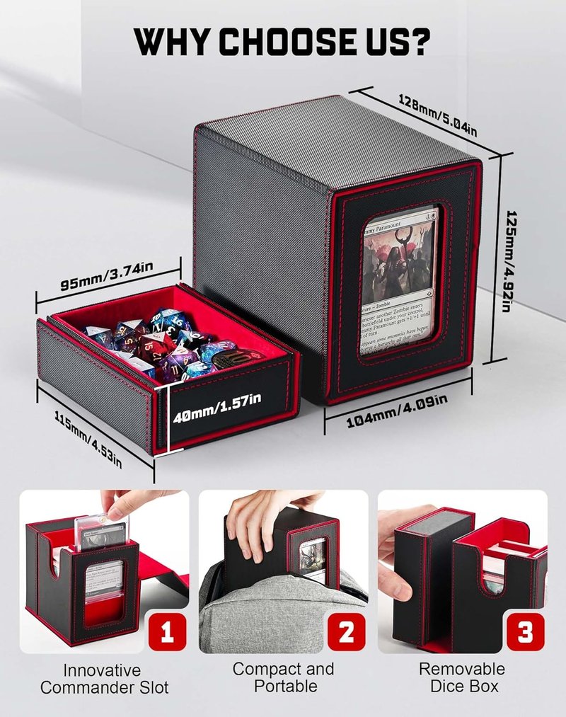 MTG Commander Deck Box - Holds 100 Double-Sleeved Cards with Dice Tray & Magnetic Card Holder | Black & Red