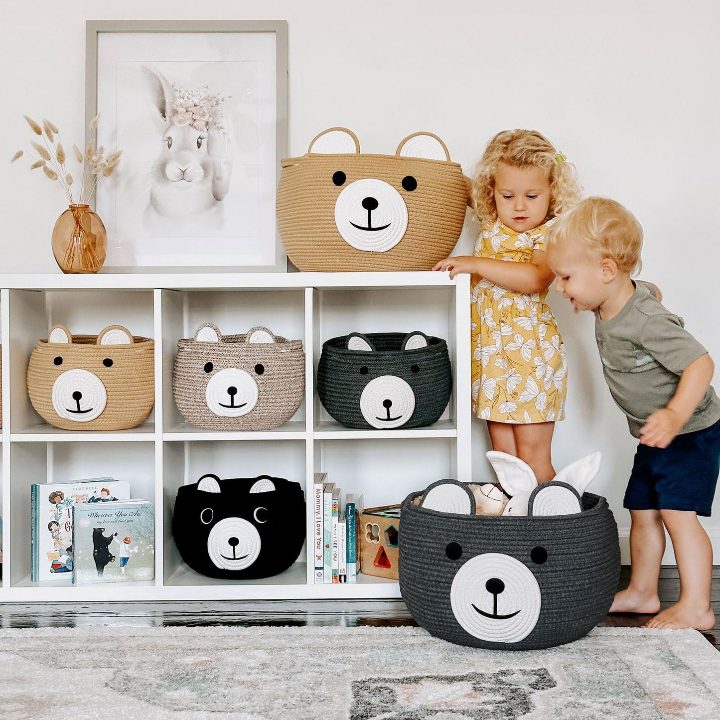 CherryNow Baby Basket for Nursery, Bear Gift Baskets for Kids, Baby Shower Basket with Handles, Small Cute Animal Baskets, Light Brown, 10.5"D x 8.5"H