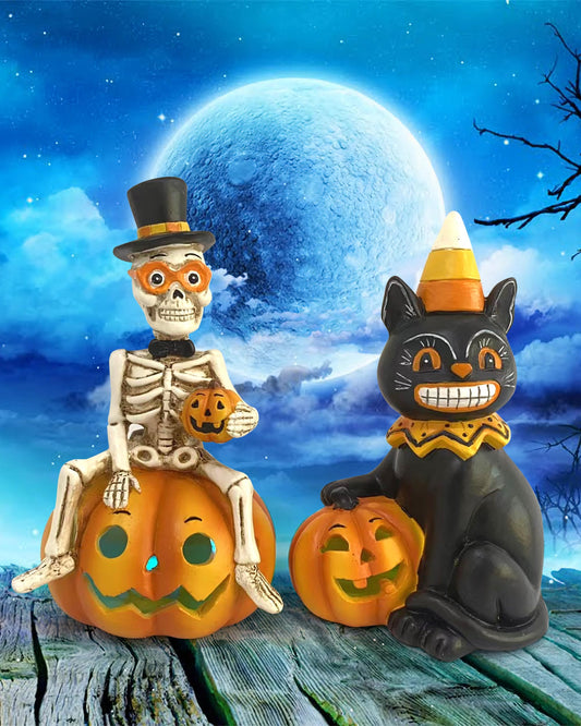 iStatue Halloween Decorations Indoor, 2-Pack Resin Black Cat & Skeleton on Pumpkin with Jack-o’-Lantern Lights Gift for Fireplace Tabletop Party Tiered Tray Decor (Skeleton & Cat)