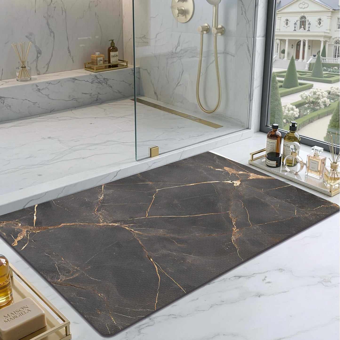 Color&Geometry Ultra Thin Bathroom Rugs Non Slip,Absorbent Quick Dry Bath Mats for Bathroom,Thin Bath Rugs Washable with Rubber Backing Fit Under Door Outside Shower,Gold-Veined Marble,17"x30"