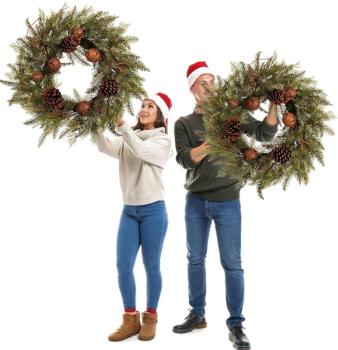 22-Inch Handcrafted Artificial Christmas Wreath with Pinecones, Rust Bell, and Lifelike Pine Branches Winter Holiday Wreath for Front Door and Home Décor, Indoor/Outdoor Seasonal Décor