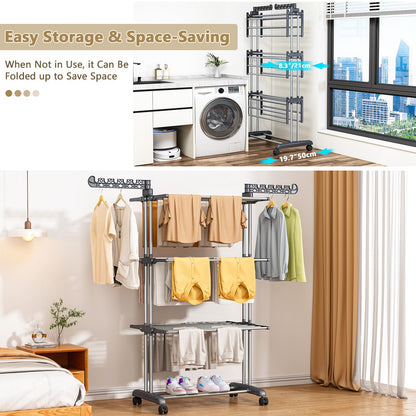 PurKeep Thicken & Durable Clothes Airer, Extra Large 4-Tier Capacity Foldable Clothes Drying Rack with Wheels, Stainless Steel Clothes Horse for Indoor/Outdoor Use in Bedroom, Laundry Room