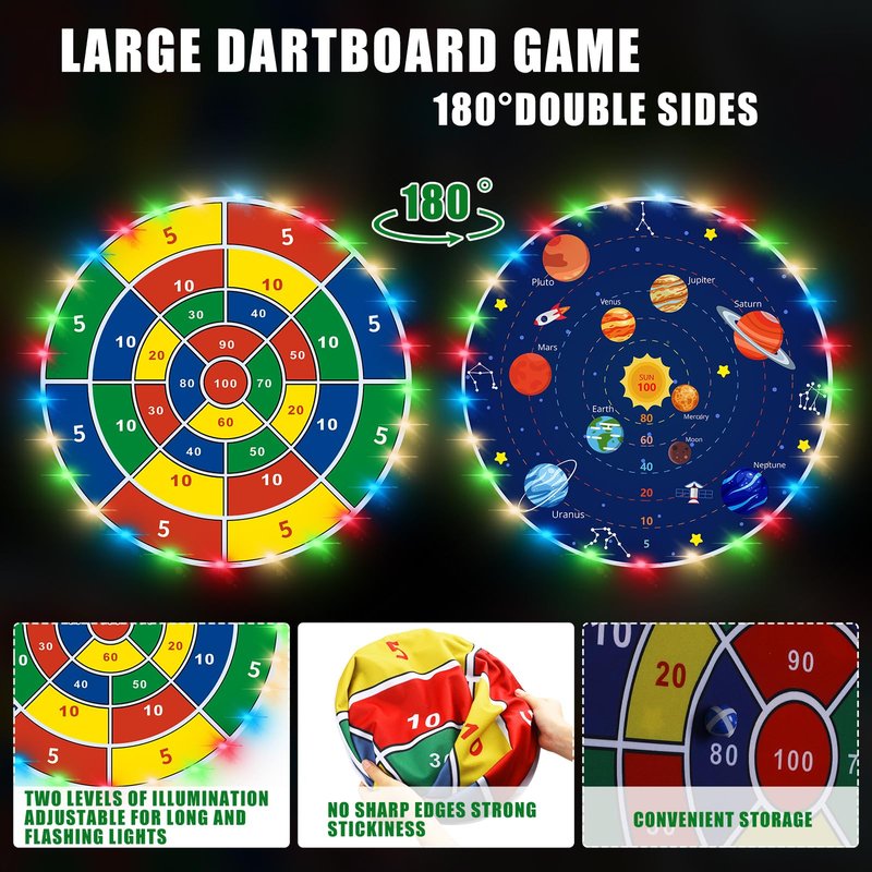 Glimin 36 Inch Large LED Dart Board Double Sided Dartboard with 20 LED Sticky Balls Planet Giant Dartboard Shooting Outdoor Toys Indoor Sport Toys Dartboards Party Game Toy Birthday Gifts