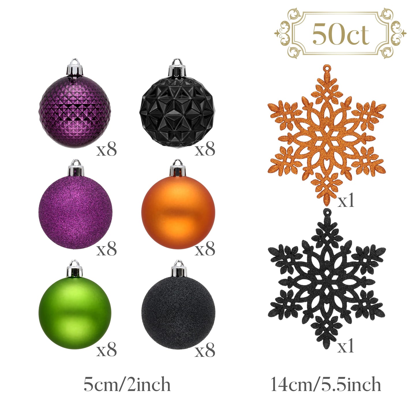 Valery Madelyn Christmas Tree Decorations Ornament Set for Fall Halloween, 50ct 2 Inches Orange Purple Black Shatterproof Christmas Ball Ornaments Hanging Xmas Holiday Party Decor