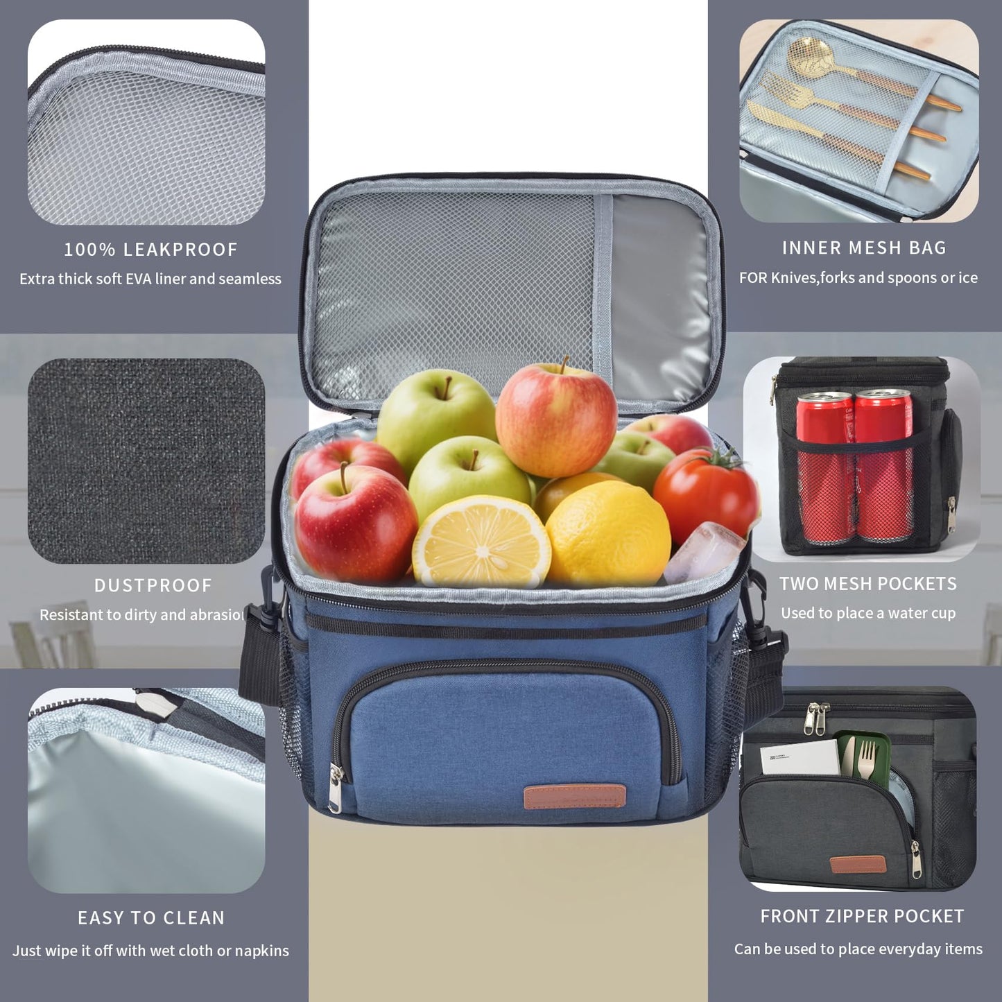 ExtraCharm Insulated Lunch Bag for Women/Men - Reusable Lunch Box for Office Picnic Hiking Beach - Leakproof Cooler Tote Bag Organizer with Adjustable Shoulder Strap for Adults - Blue