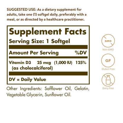 Solgar Vitamin D3 1000 IU (25 µg) Softgels - Pack of 250 - Healthy Bones and Teeth - Supports Immunity and Muscle Function - Gluten Free
