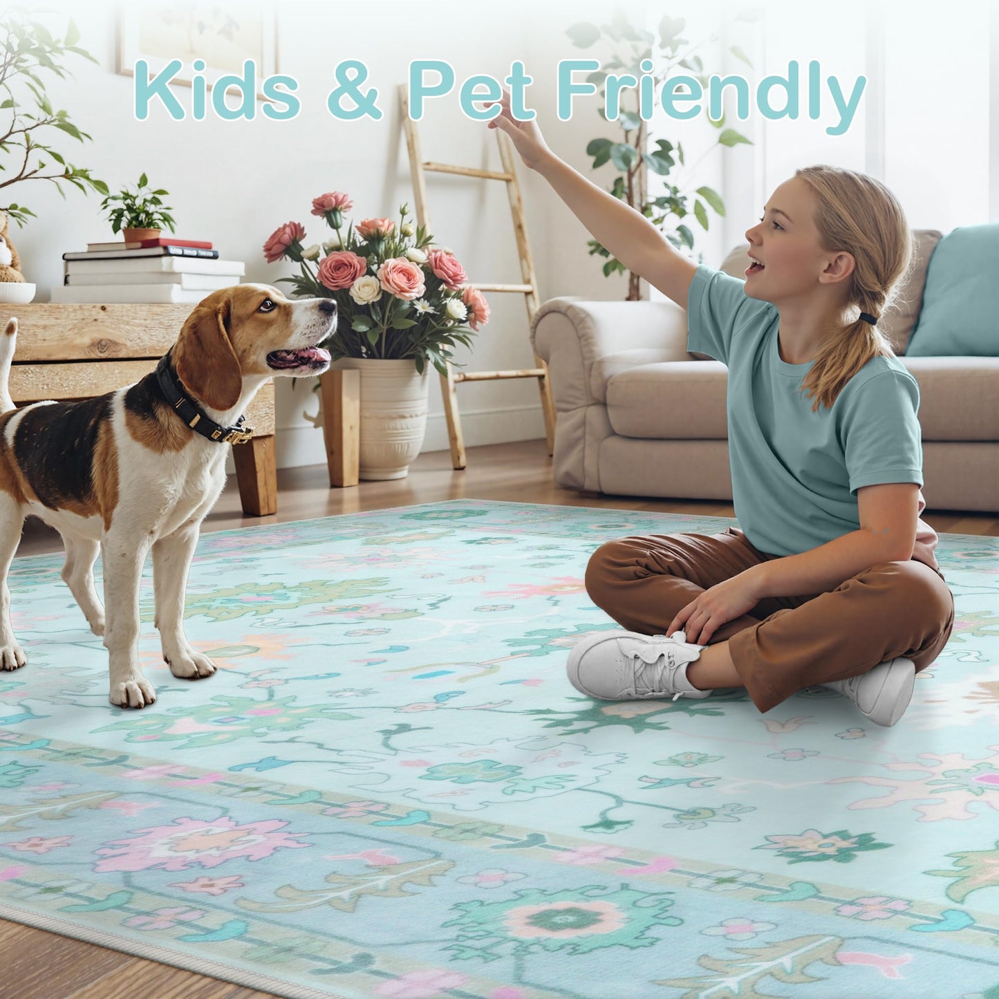 LIVEBOX Modern Oushak Bedroom Runner Rug, Boho Floral 2x6 Runners for Hallways 6ft, Non Slip Washable Soft Rug Kitchen, Ultra Thin Turkish Retro Carpet Runners for Bathroom Entryway, Blue