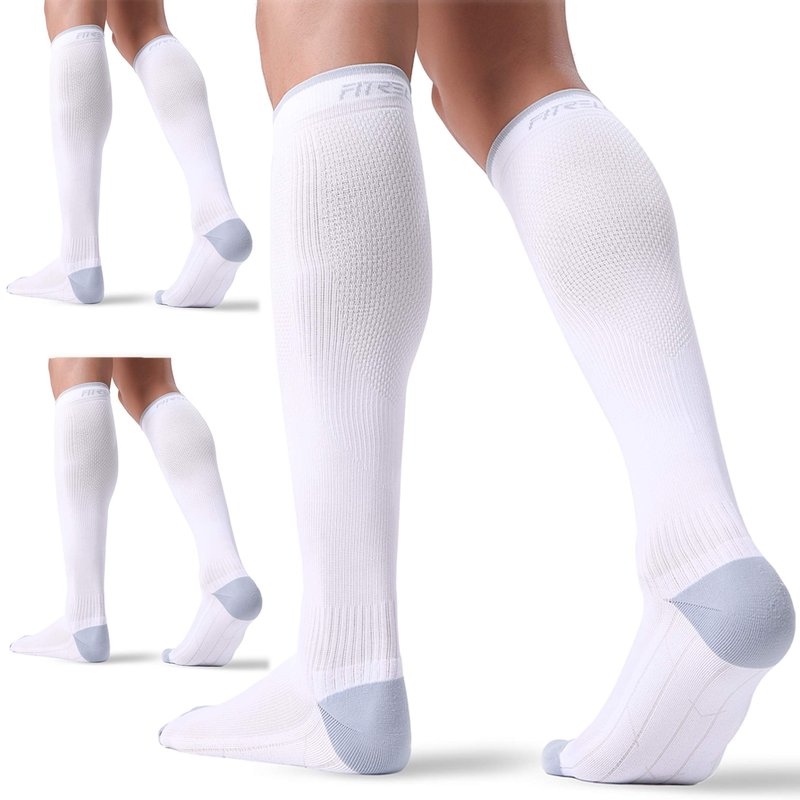 FITRELL 3 Pairs Compression Socks for Women and Men 20-30mmHg- Circulation and Muscle Support Socks for Travel, Running, Nurse, Knee High, Medical WHITE L/XL