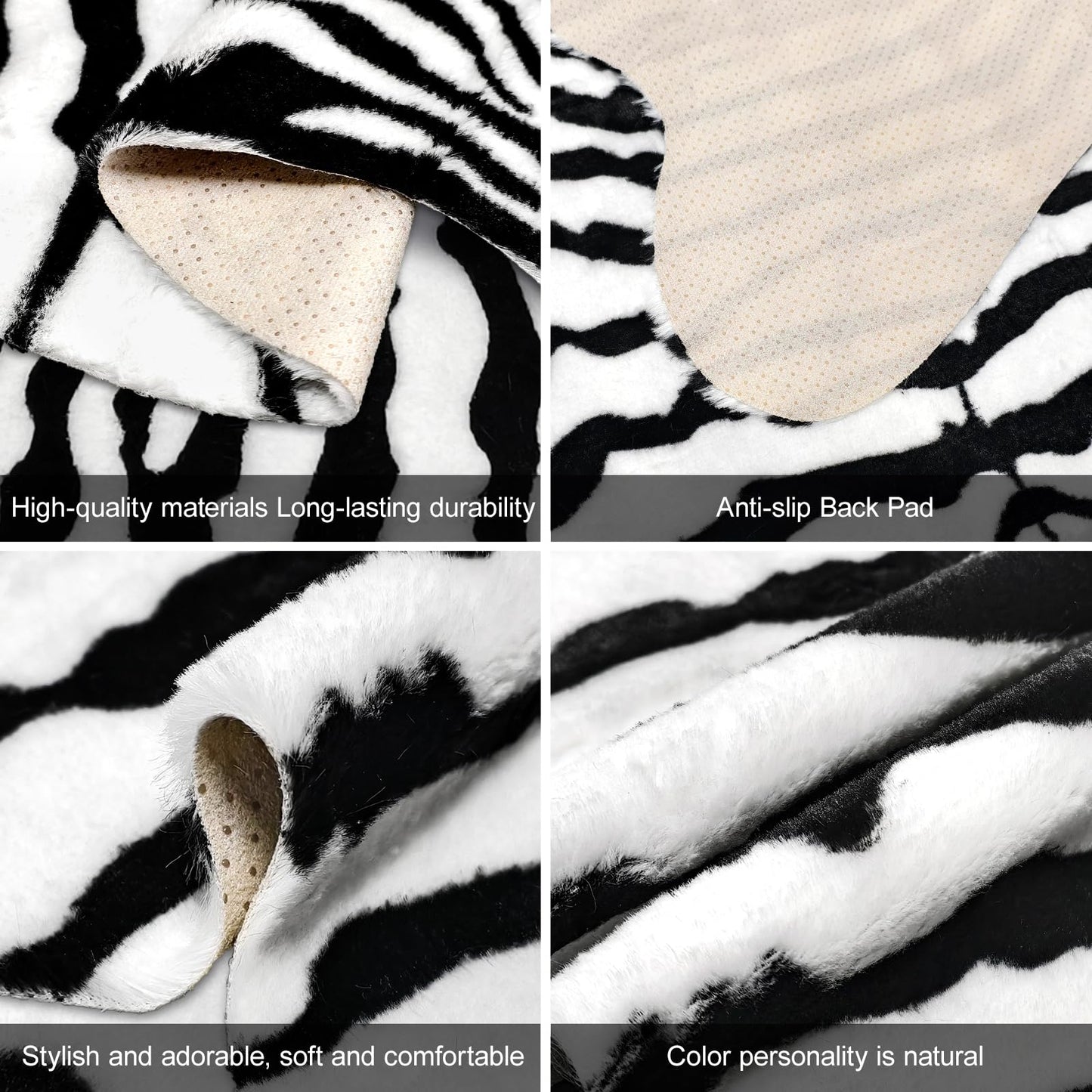 Fixseed Zebra Rug for Bedroom Living Room,4.6 x 5.2ft Western Faux Fur Animal Print Carpet Washable Rugs for Bedroom Western Decor,Black and White