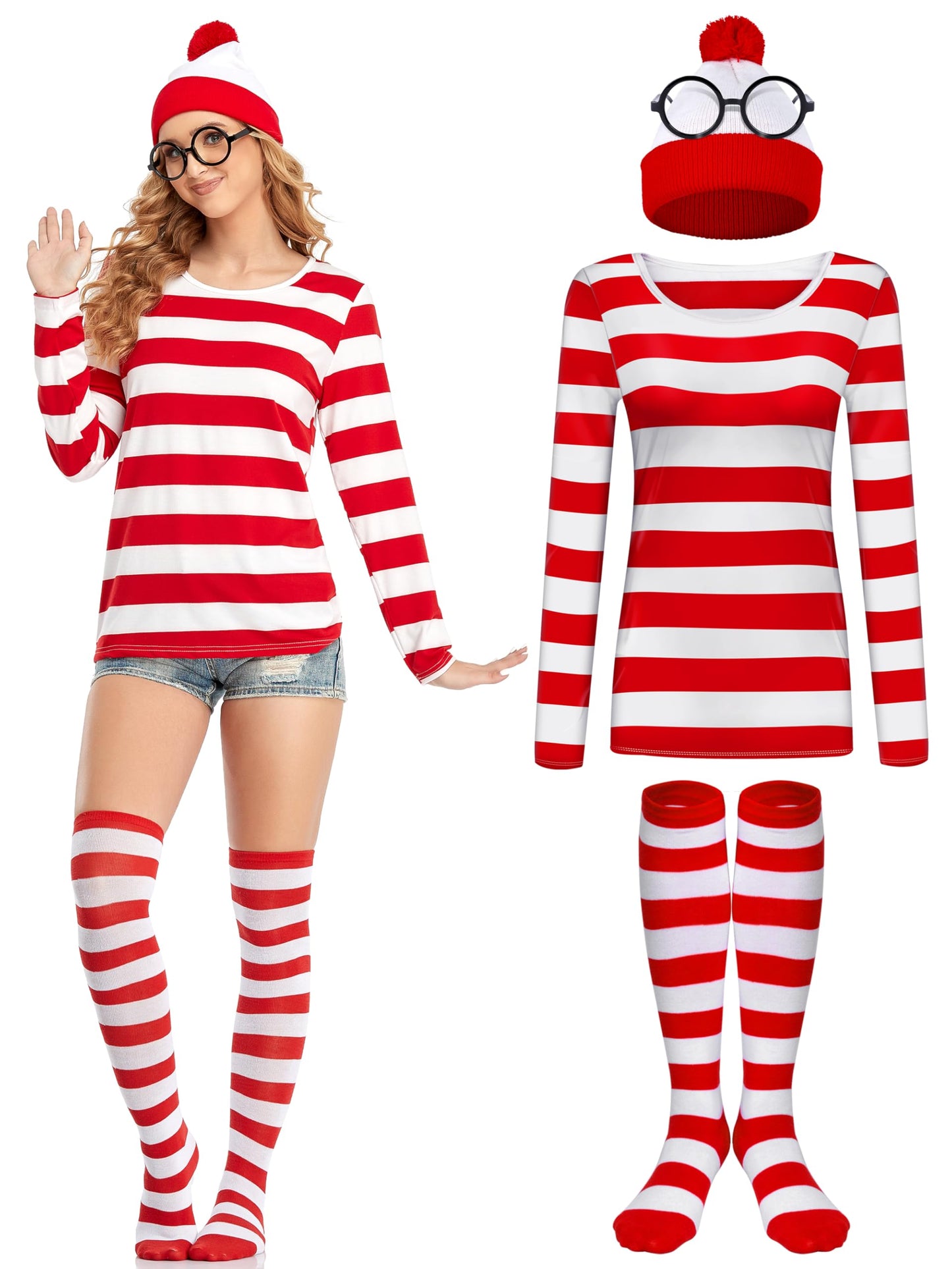 URATOT Halloween Women Costume Sets Red and White Striped T-shirt Knit Beanies Striped Socks Nerd Glasses