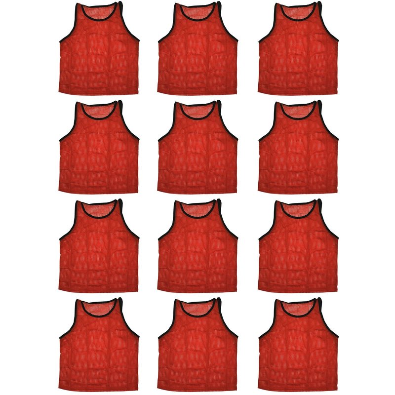 BlueDot Trading 12 Adult Mens Womans Unisex Sports Pinnie Scrimmage Training Vest, Nylon Mesh for Team Practice - For Soccer, Field Hockey, Lacrosse, Football, Basketball, COLOR: Red (12 Pack)