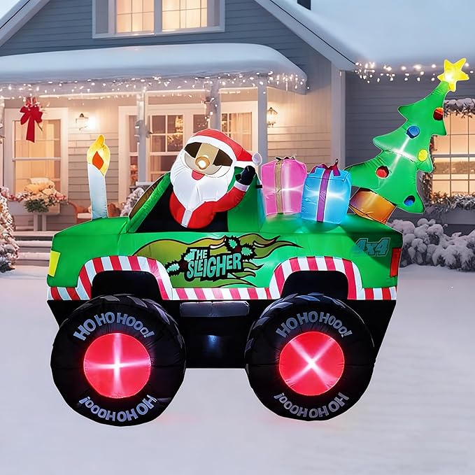8FT Long Christmas Inflatables Monster Truck, Xmas Blow up Santa Driving Truck with Christmas Tree and Gifts Boxes Outdoor Decorations, X-mas Inflatable Yard Garden Lawn Party Holiday Decor