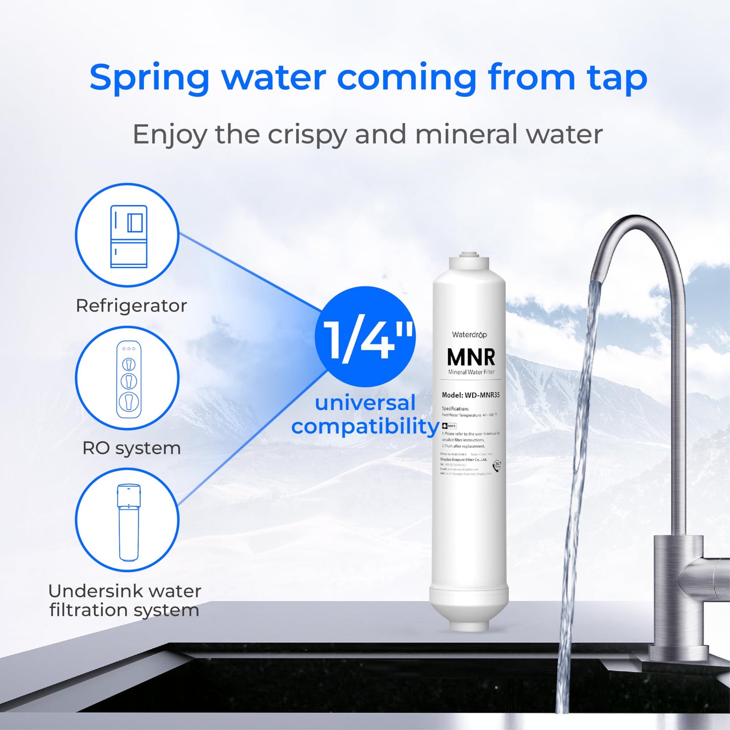 Waterdrop Remineralization Inline Water Filter, 1/4” Quick Connect Post Filter for RO Reverse Osmosis Filter System, Restore Essential Minerals (1)