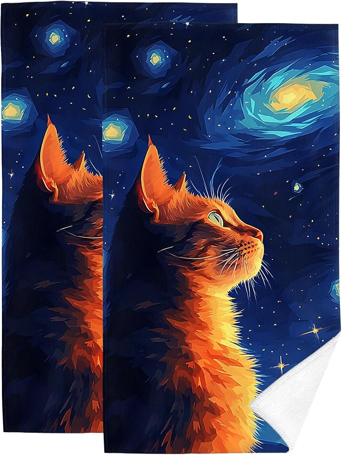 Cute Orange Cat Hand Towels Decorative Set of 2 Soft Absorbent Abstract Blue Starry Sky Bath Towels for Bathroom Farmhouse Spa Gym Yoga Home Decor, Gifts for Cat Lover 14"x28"
