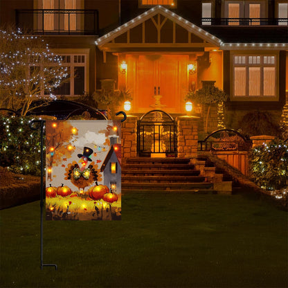 Thanksgiving Lighted Fall Garden Flag, Solar Outdoor Decorative Led Flags Yard Decor, 8 Lighting Modes Led Flag,12x18 Double Sided Turkey Pumpkin Halloween Decorations for Home Porch Outside