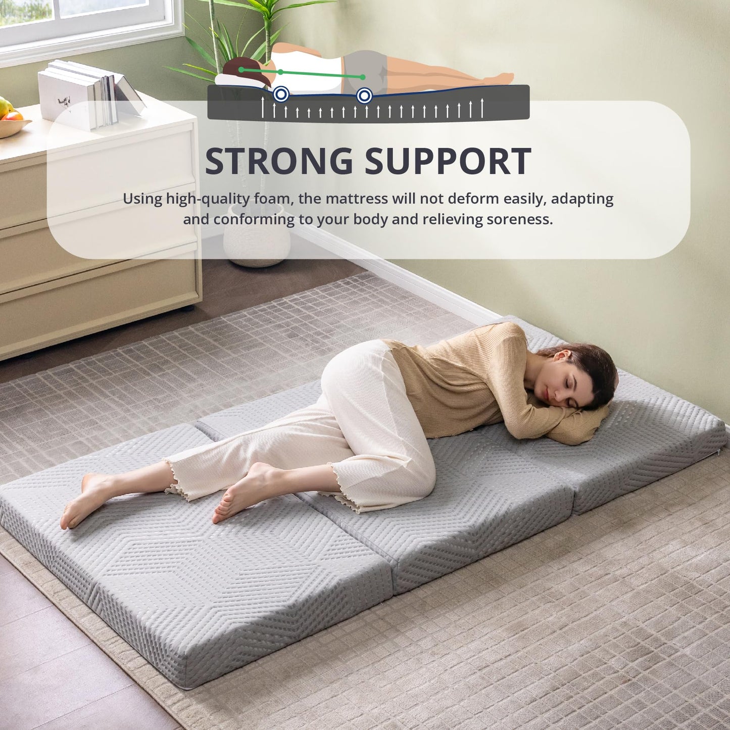 CH Charme House Folding Mattress Topper, 4 Inch Single Tri Folding Memory Foam Mattress Topper for Camping Guest Bed, Washable Cover & Non-Slip Bottom, 75" x 25" x 4", Grey