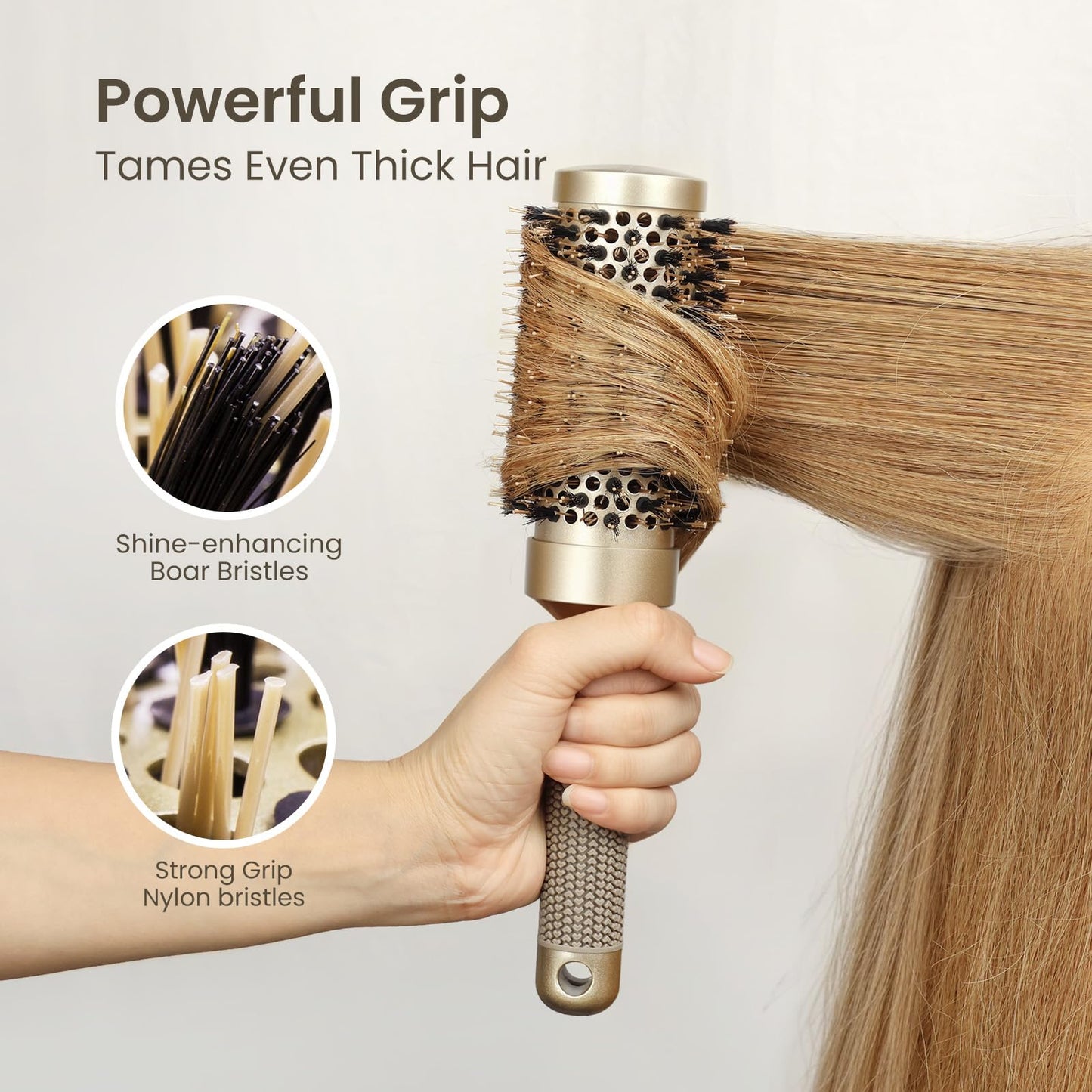 AIMIKE Round Hair Brush, Nano Thermal Ceramic & Ionic Tech Round Brush, RoundBrushes for Blow Drying with Boar Bristles, Barrel Brush for Styling, Curling, Add Volume & Shine (74mm, Barrel 43mm)