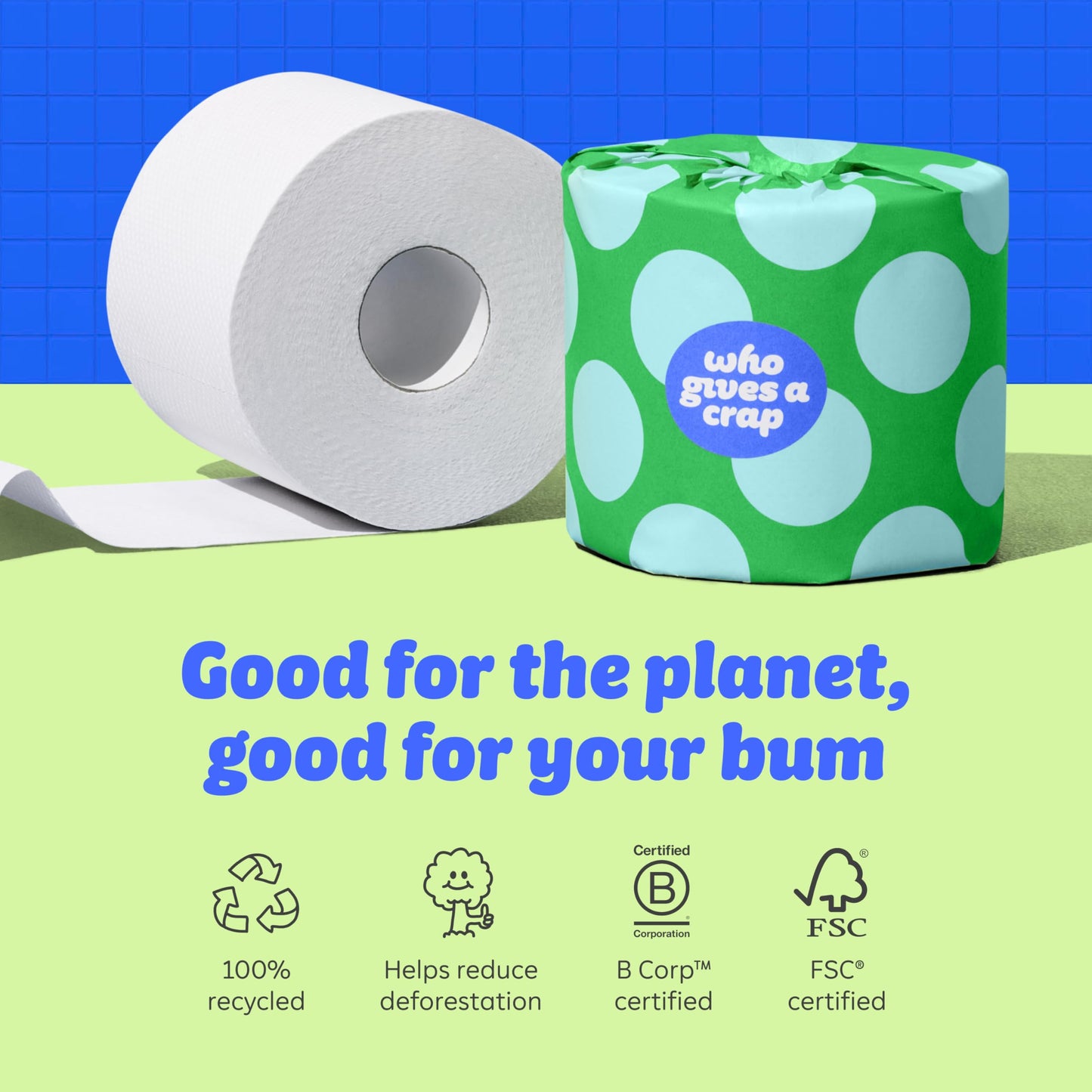 Who Gives A Crap – 100% Recycled, Twice as Long, Sustainable Toilet Roll, Box of 48 (3-Ply, 400 Sheets) - Soft, Strong, Sustainable