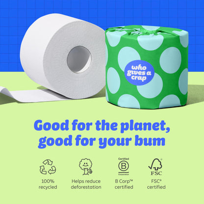 Who Gives A Crap – 100% Recycled, Twice as Long, Sustainable Toilet Roll, Box of 48 (3-Ply, 400 Sheets) - Soft, Strong, Sustainable