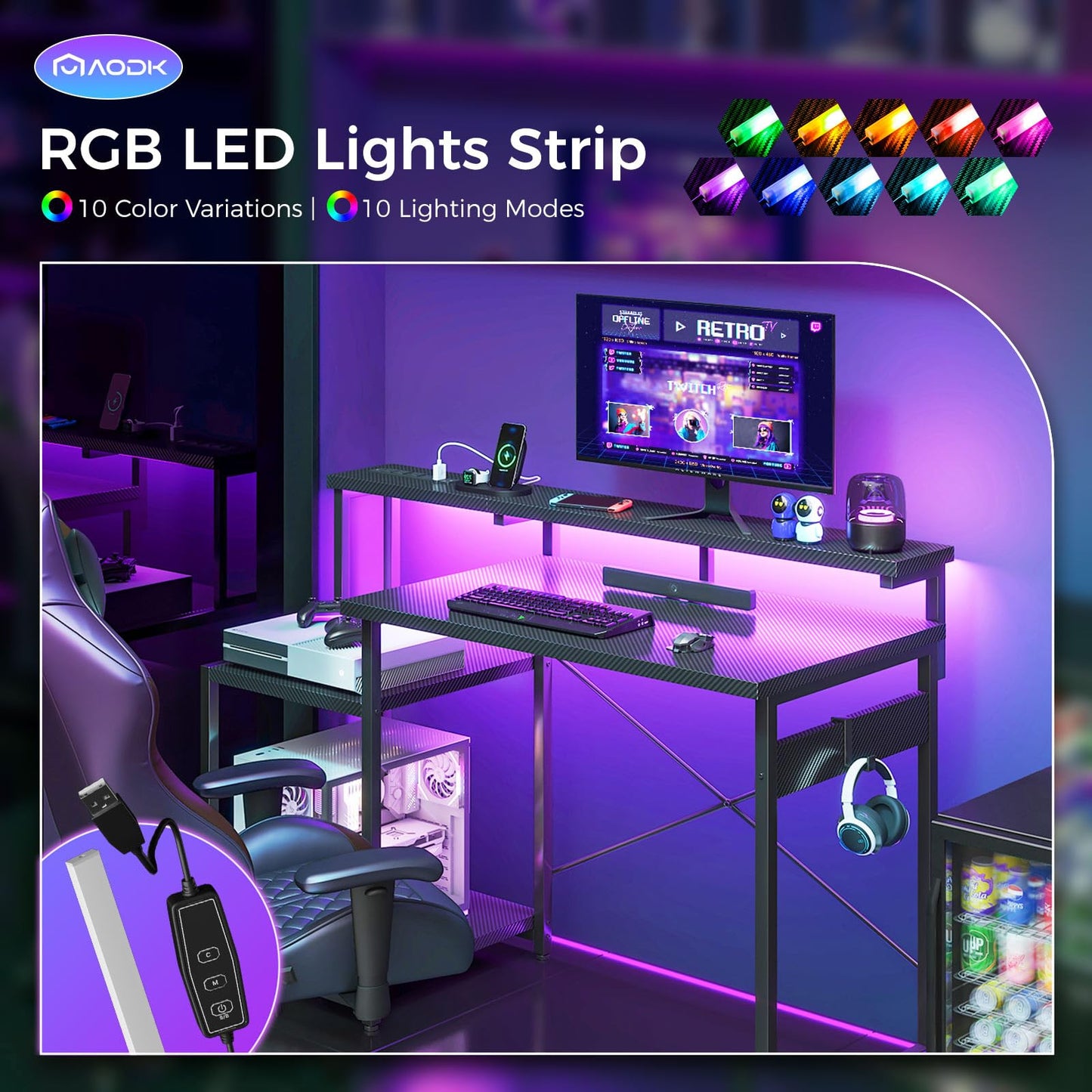 AODK Computer Desk, 48 Inch Gaming Desk with Led Lights & Power Outlet, Office Desk with Printer Storage Shelves, Reversible Desk with Monitor Shelf & Headphone Hook, Carbon Fiber Black