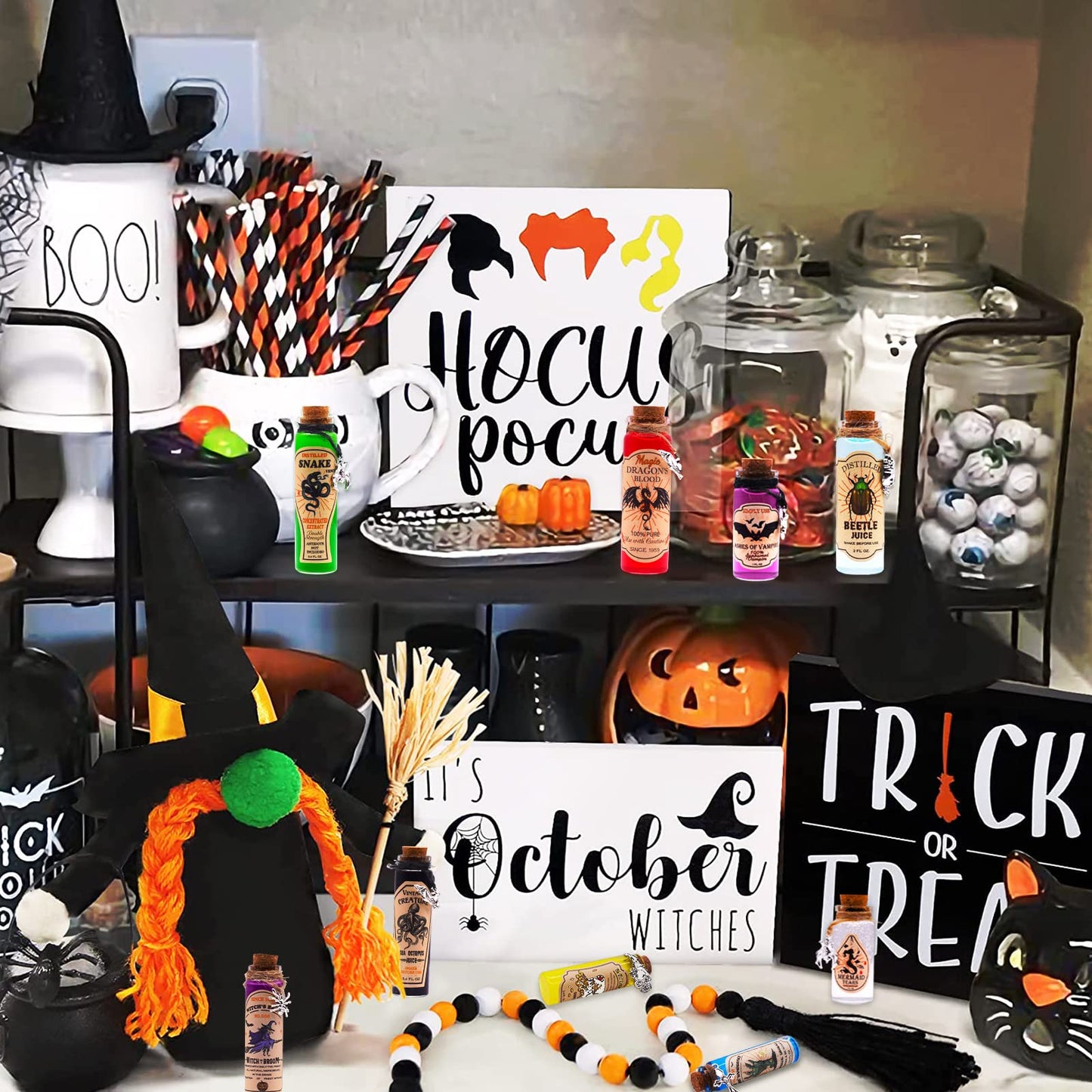 99 Pcs Apothecary Bottles Set with Halloween Stickers & Pendants - Tiered Tray Decor for Indoor Halloween Party Supplies