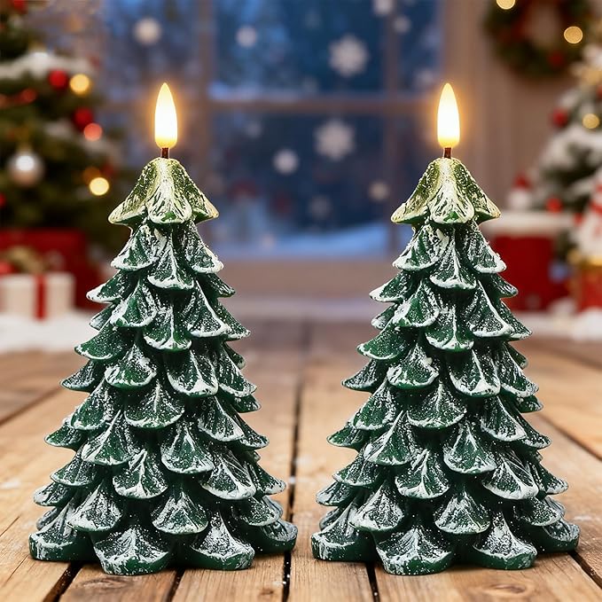 Christmas Tree Flameless Candles with 6H Timer, 2 Pcs Battery Operated LED Pillar Candle with Flickering 3D Wick, White Flocked Decoration Green Candles for Home Décor Christmas Gifts