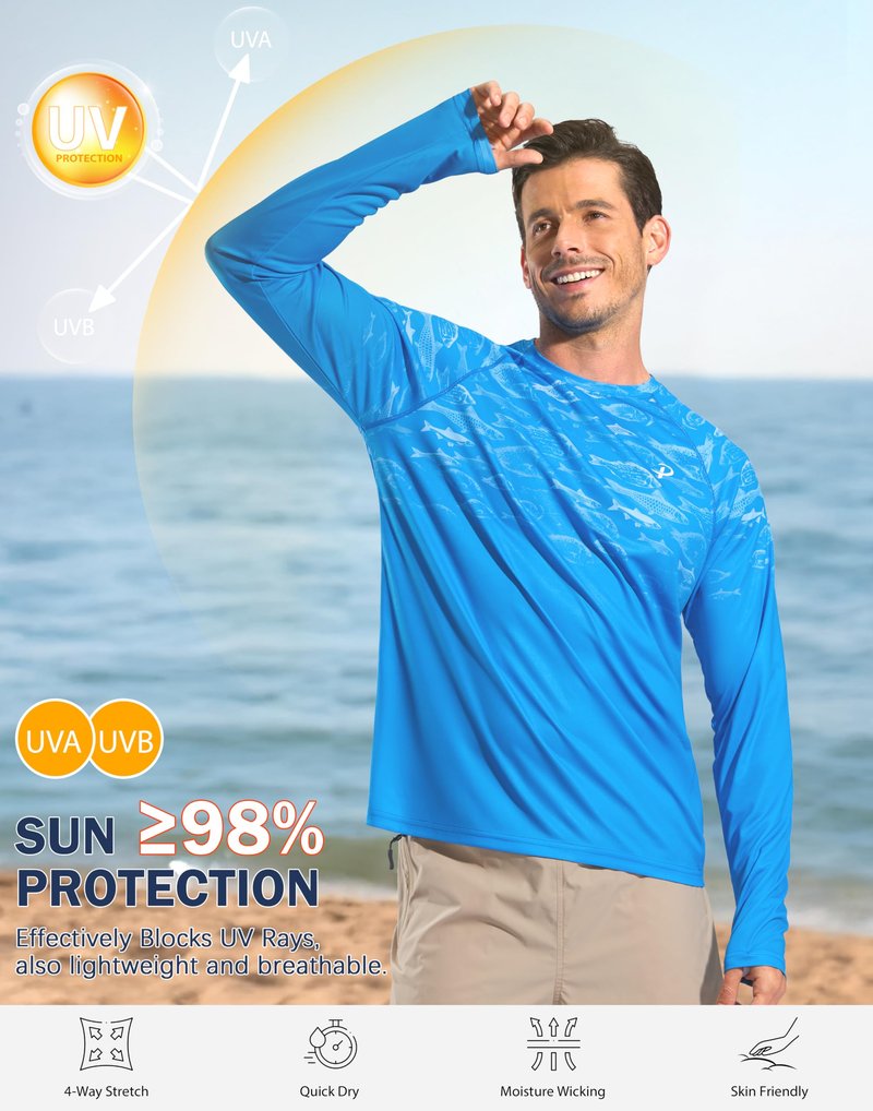 Pudolla Men's Sun Protection Shirts UV SPF UPF 50+ Long Sleeve Lightweight Quick Dry Shirts(Blue Gradient Shoal L)