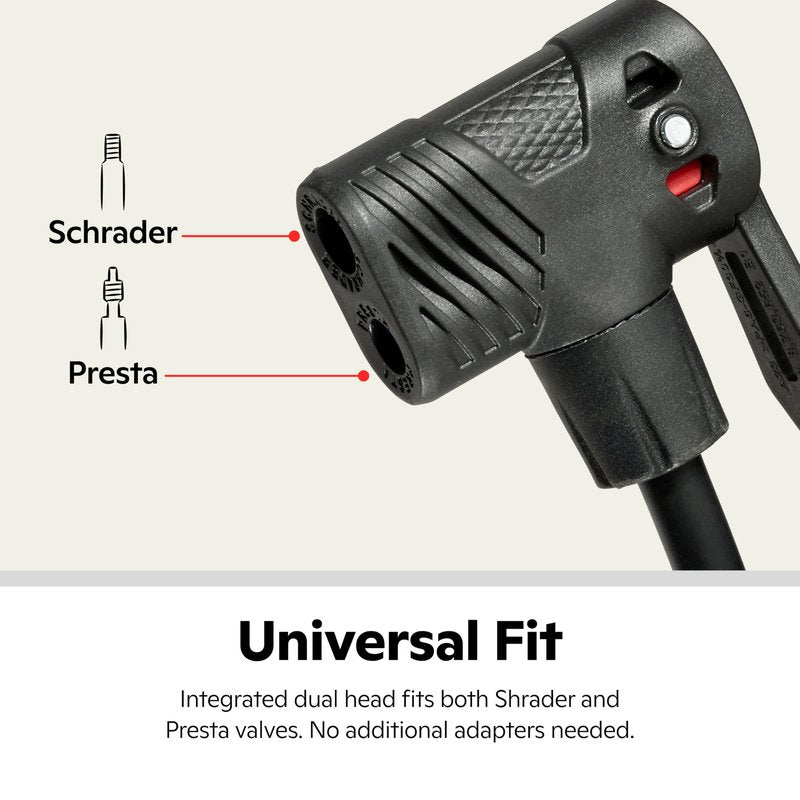 Schwinn Air Center Plus Floor Pump, For Mountain, Cruiser and Electric Bikes, 120 PSI, Soft Grip Handle, with Sports Ball Needle and Dual Head for Schrader and Presta Valves, Manual Air Pump