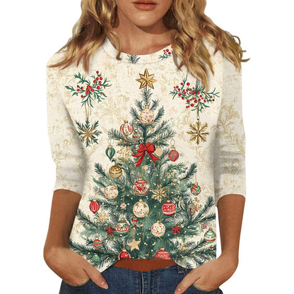 Christmas Shirts for Women 3/4 Length Sleeve Tops - Funny Christmas 2025 Crew Neck Holiday Tshirts - Plus Size Xams Tree Printed Fitted Tunic Tops Winter Clothing Khaki,L 26