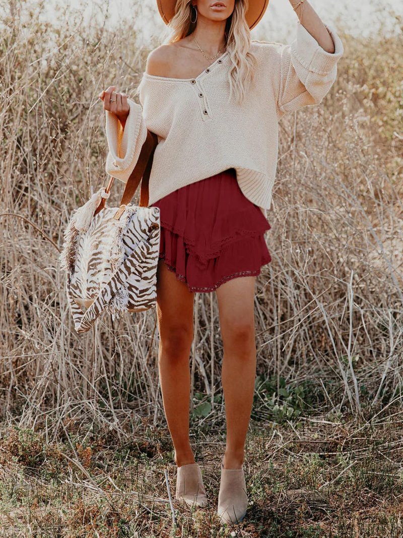 Aoudery Flowy Shorts for Women Casual Boho Ruffle Tiered Skorts High Waist Mini Skirts Golf Tennis Butterfly Crochet Shorts - Red L