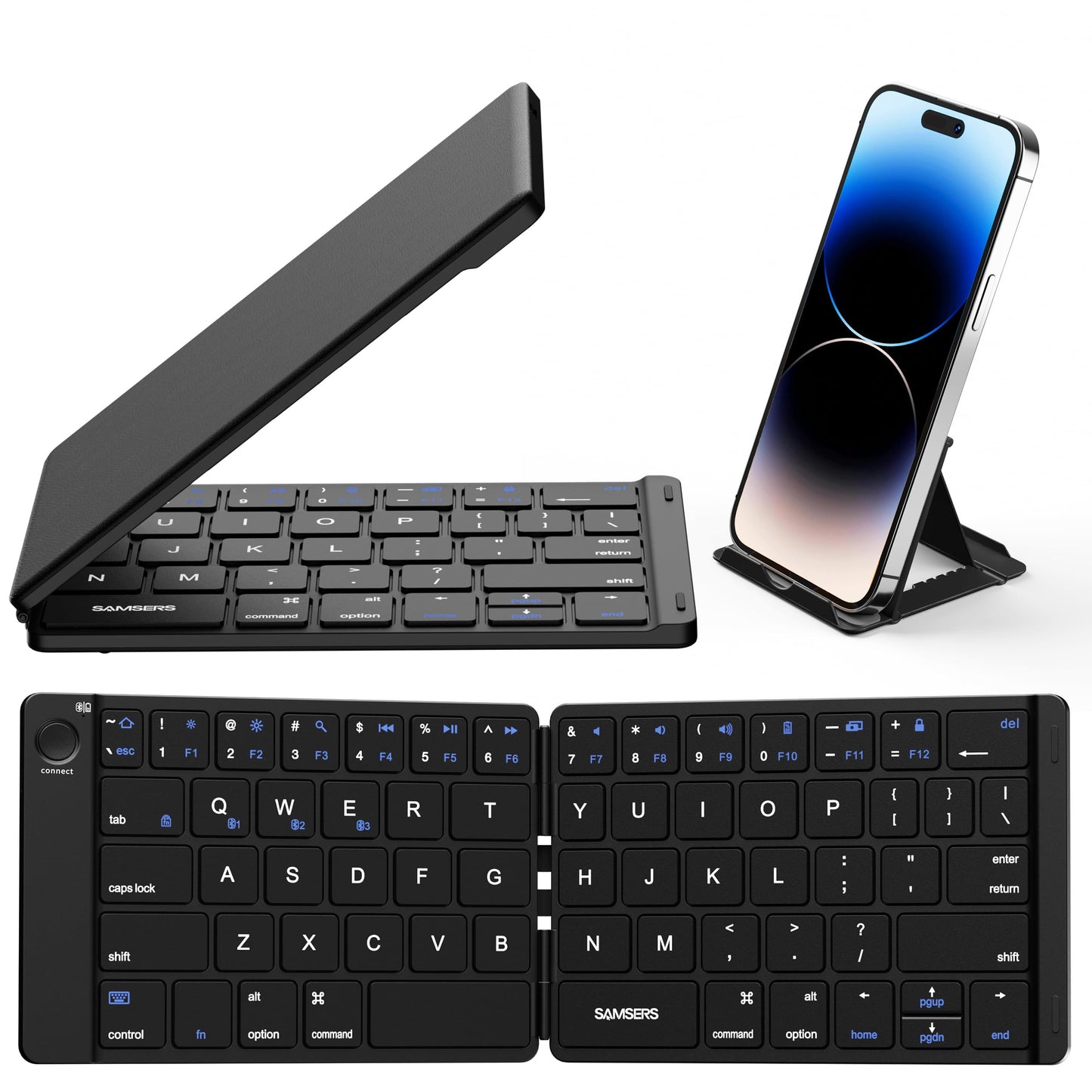 Samsers Foldable Bluetooth Keyboard - Portable Wireless Keyboard with Stand Holder, Rechargeable Full Size Ultra Slim Folding, Compatible iOS Android Windows Smartphone Tablet and Laptop - Black