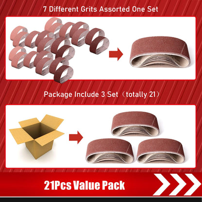Boshcraft 21 Pack 3 x 21 Inch Sanding Belts, 3x21 Belt Sander Sanding Belts 40/60/80/120/180/240/400 Grits Assortment Sanding Belt for Belt Sander Knife Sharpening Woodworking Metal Polishing