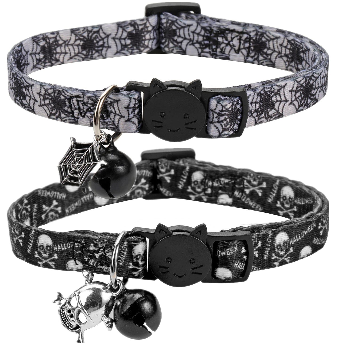 Cat Collar Halloween Set of 2, Skull Cat Collar for Small Dogs, Holiday Kitten Collar with Bell