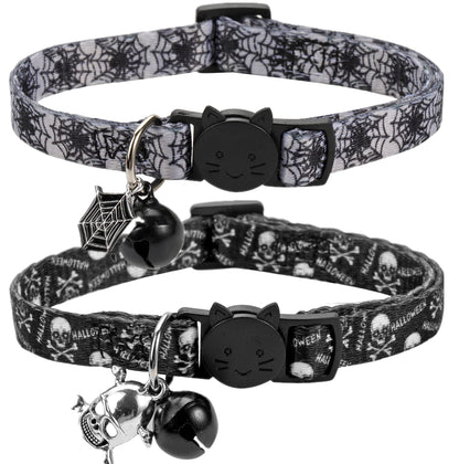 Cat Collar Halloween Set of 2, Skull Cat Collar for Small Dogs, Holiday Kitten Collar with Bell