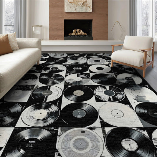 ODIKA Flatwoven High Traffic Area Rug 8x10, Vinyl Record Inspired with Classic Rock Band Graphics, Non Slip, Stain Resistant, Washable Area Rugs for Living Room, Bedroom (Black, 8x10)