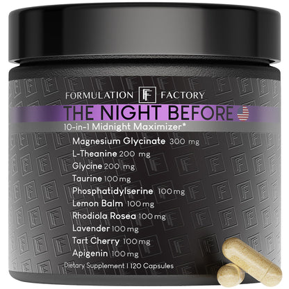 Formulation Factory The Night Before 10-in-1 Midnight Maximizer Sleep Supplement, Magnesium Glycinate, L-Theanine & More, Stress Relief, Relaxation, Recovery, Focus (120 Capsules – 2 Month Supply)