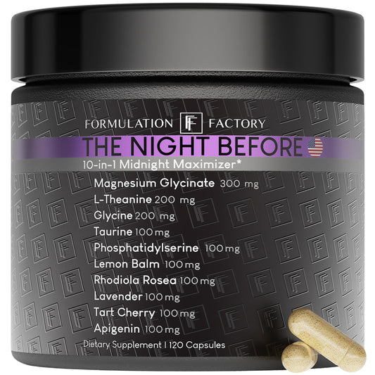 Formulation Factory The Night Before 10-in-1 Midnight Maximizer Sleep Supplement, Magnesium Glycinate, L-Theanine & More, Stress Relief, Relaxation, Recovery, Focus (120 Capsules – 2 Month Supply)