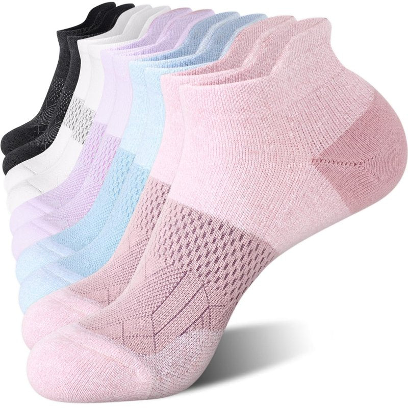 FITRELL 5 Pairs Ankle Running Socks for Women Athletic Cushioned Low Cut Tab Sports Socks, Rococo, Medium