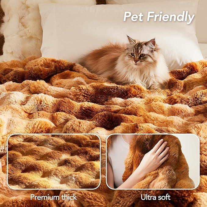 L'AGRATY Faux Fur Throw Blanket: 90" x 90" Luxury Soft Fluffy Thick Rabbit Fur Blankets for Queen Bed Couch - Cozy Plush Bubble Blankets for Home Decor: Warm Flannel Fleece Decorative Blanket