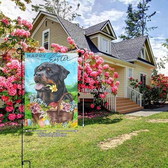 Happy Easter Rottweiler Dog Black Flower Eggs Garden Flag Welcome Party Outdoor Outside Decorations Picks Home House Garden Yard Decor 12x18 Inch