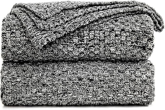 Longhui bedding Black Knitted Throw Blanket for Couch, Soft, Cozy Machine Washable 100% Cotton Sofa Cable Knit Blankets, 4.0lb Weight, 60 x 80 Inches Oversized, Black White Color