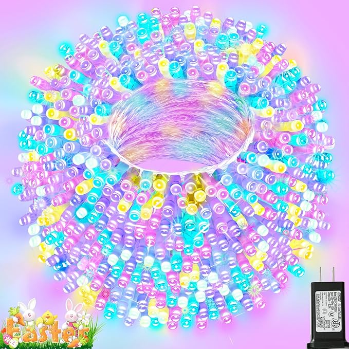 Colorful String Lights Easter Decoration, 66 ft 200 LED Easter Pastel Lights 8 Modes Plug in, Indoor Outdoor Connectable Clear Wire Twinkle Fairy String Lights for Spring Bedroom Party