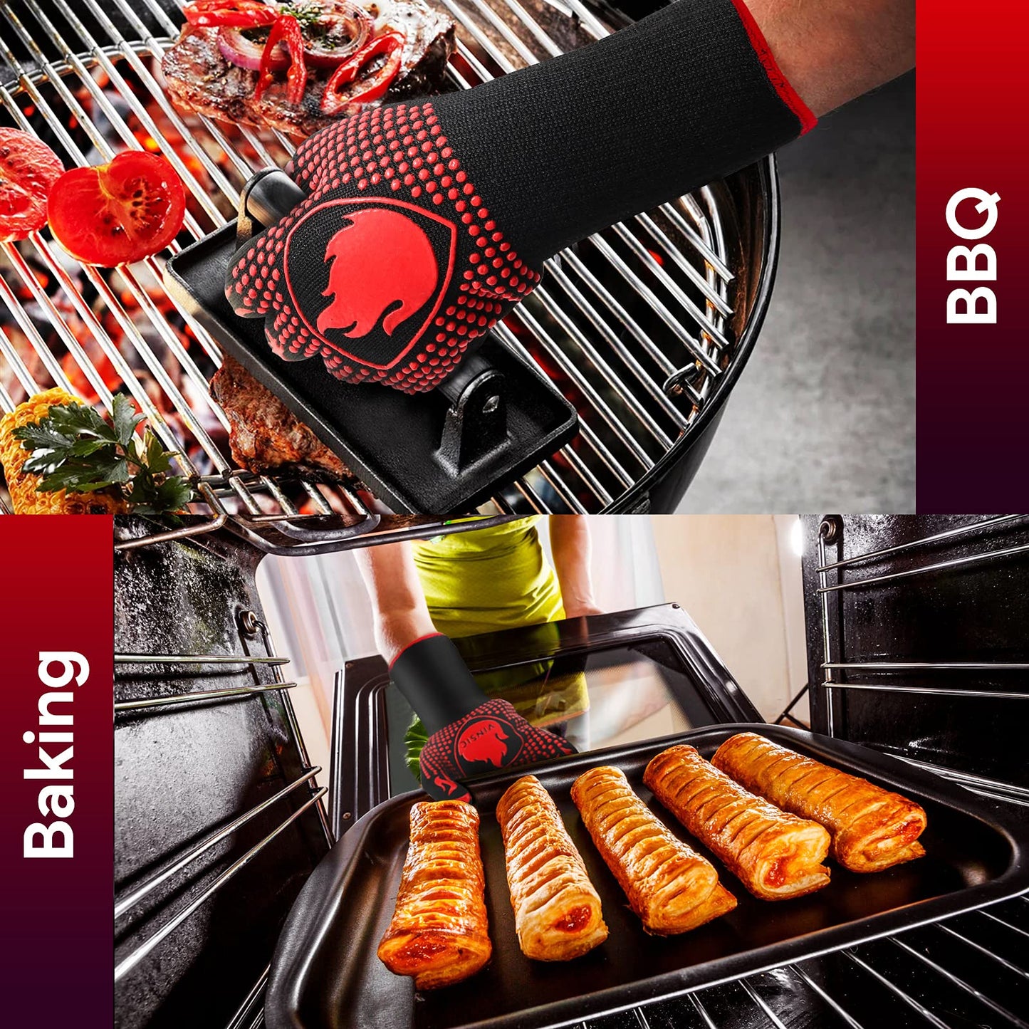 BBQ Gloves, Oven Mitts Grilling Gloves - 1472℉ Extreme Heat Resistant Oven Gloves, Non-Slip Silicone Cooking Gloves for Grilling, Barbecue, Baking, Welding (A Pair)