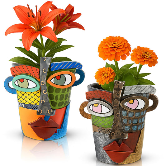 LemonRoad 2 Pcs Abstract Picasso Face Pots Head, Mexican Flower Pots with Drainage, Unique Decorative Head Plant for Indoor Outdoor, Funky Gift