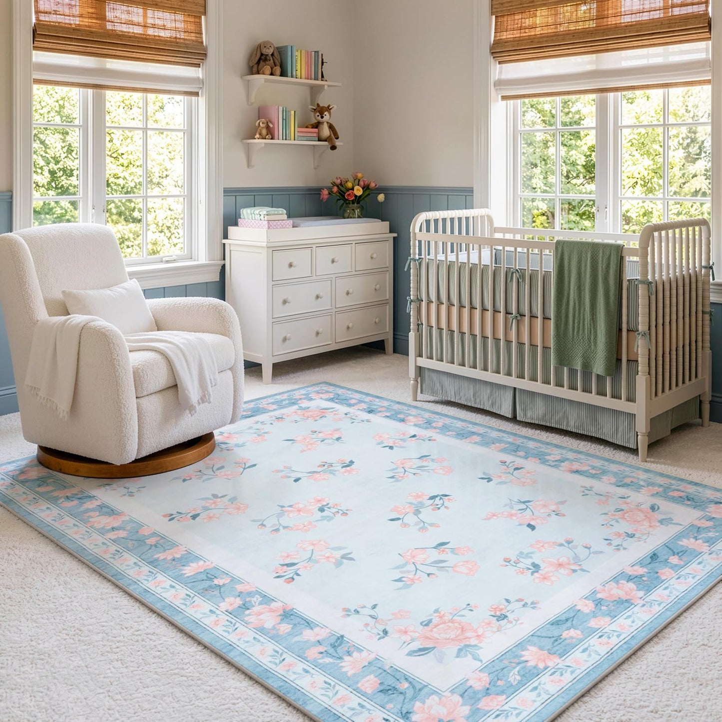 LIVEBOX Washable Area Rug 5x7 - French Country Living Room Rug Non-Slip Nursery Rugs for Boy Girls Bedroom, Soft Carpet Floral Rugs for Play Room Office, Light Blue